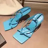 Origin Package Chic Sky Blue V Strap Stretch Sandal Heels Stable Sole Genuine Leather Shoes with A Squared Sole