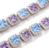 14K Or Blanc Plaqué 10mm Coupe Carrée Bleu Violet Rubis Diamant Tennis Chaîne Collier CZ Gemstone Diamant Hip Hop Jewelry275g