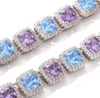 14K White Gold Plated 10mm Square Cut Blue &Purple Ruby Diamond Tennis Chain Necklace CZ Gemstone Diamond Hip Hop Jewelry2565