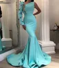 one shoulder 2020 New Long Sleeves Mint Mermaid Evening Dresses Beaded crystal Islamic Dubai Saudi Arabic Formal Dress Prom Gowns