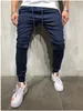 Jeans Skinny Masculino Slim Fit Jeans Rasgado Grande e Alto Stretch Azul para Homens Cintura Elástica Desgastada Calça Casual Listrada S-32812