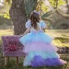 Lovely Flower Girls Dresses Short Sleeve Lace Appliques Kids Formal Wear Custom Made Hollow Back Hi-Lo Birthday Toddler Girls Pageant Gowns