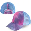 Berretto da baseball a coda di cavallo tie-dyeing Cappelli da chignon disordinati Cappelli da camionista Pony Cappellini da visiera unisex Cappello da papà Maglia estiva Snapback all'aperto