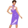 12色ノベルティノースリーブホルターMIDI PVCドレス女性セクシーオープンチェストニーレングスvestidoエキゾチックボディコンバックジッパードレス