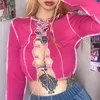 Patchwork Lace Up Manga Longa Crop Tops Mulheres Ribbed Party Party Knitwear T-shirt Hollow Out Bodycon Club Tie Top