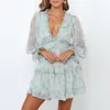 2020 Novo Boho Floral Mini Vestido Sexy Backless Chiffon Beach Vestido de Manga Longa A-Linha Ruffle Festa Verão Verão Verão Sundresses