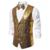 Glänsande Royal Blue Sequin Dress Västar Män Slim Fit V Neck Glitter Tuxedo Waistcoat Mens Bröllopsfest Steg Prom Vest med Bowtie