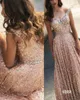 Moda Rose Gold Cekinowy Bling Prom Dresses Suknie Wieczorowe Off The Ramię Zroszony Backless Crystal Cocktail Pageant Dress Tanie