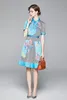 New Summer Runway Vintage Floral Print Collar Bow Short Sleeve Button Front Empire Waist Women Ladies Casual Party Beach A-Line Midi Dress