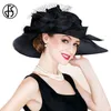 Fs preto branco elegante feminino igreja chapéus para senhoras verão flores grande borda organza chapéu praia sol kentucky derby chapéu fedora cx205777870