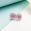 Pendientes de tuerca de magnolia rosa de plata de ley auténtica para Pandora CZ, joyería de boda con diamantes para mujer, regalo de novia, juego de pendientes de flor de diseñador con caja original