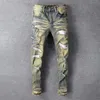 Heren jeans Gratis levering 2021 Snake Geborduurde Retro Denim Slanke Skinny Gaten PU lederen patchwork stretch broek