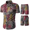 Heren zomer mode bloemen print 2 stuk pakken trainingspakken slanke fit korte mouw shirts shorts mannelijke sets