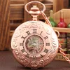 Steampunk Antique Watches Cassa in oro rosa/argento Hollow Out Orologio da taschino unisex Scheletro Carica manuale Orologio meccanico FOB Catena pendente