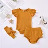 Bébé Filles Vêtements Enfants Summer Fly Sleeve Rompes Bloomers Bandeau De Vêtements Ensembles de vêtements de coton Solid Solid Jumpsuits Slips Brefs Bandeau à cheveux B7593