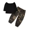 Höst mode barn baby flicka kläder set svart långärmad av axel t-shirt toppar + kamouflage pocket cargo byxor outfit 1-6y