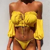 2020 Kısa Kollu Mayo Kadın Kravat Yan Mayo Yüksek Kesim Biquini IN-X Katı Beyaz Fırfır Mayo Kadın Bandeau Bikini