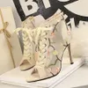 Spring Summer Women Boots Sandals Woman High Heels Pump Breathable Mesh Pointy Toe Zip Short Ankle Pumps Shoes Thin Heel