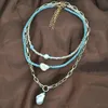 Kryształowe koraliki Wielowarstwowe Naszyjnik Turkusowy Pearl Wisiorek Nowy Choker Collarbone Chain Big Gold Biżuteria