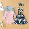 Herfst Kinderkleding Baby Meisjes Effen Lange Mouw Romper + Floral Jarretel Rok + Hoofdbanden 3 stks / set Outfits Zuigelingen Kleding Sets M2417