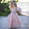 Girl039s Abiti Fata Rosa Flower Girl Boho 3D Increspato Smerlato Ragazze Comunione Aline Chiffon Pageant15898001