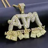 14K Iced Out Full Zircon ATM Addicted to Money Collana con ciondolo Micro pavé di diamanti con zirconi cubici con catena di corda da 24 pollici da 3 mm