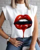 Sexy New Womens Summer T-shirt Col montant Lèvres imprimés Tops Tees Sans Manches Dames Acétate Taille S-2XL