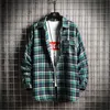 Man Lapel Neck Long Sleeve Shirts Fashion Trend Japanese Grid Style Single Breasted Shirt Tees Designer Spring Male Casual Tooling Shirts