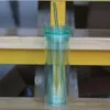 Tumblers Bunte dünne Plastikflasche transparenter Strohbecher Doppelte Wasserflaschenbecher mit Strohhalm Vakuumtemperatur Tumblers Becher LSK602