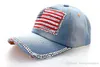 Designer Hats Washed Denim Bling Rhinestone USA National Flag Baseball Caps Curved Cotton Sports Golf Blue Jean Sun Hats For Mens Womens