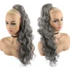 20 Inch Long Body Wave Ponytail Extension Drawstring Human Hair Curly Wavy Real Hair Wrap Ponytail Black Hairpiece for Women (Silvery Grey)