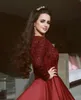 Elegant Dark Red Prom Dresses Jewel Neck Long Sleeve Satin Lace Appliques Evening Dress Formal Party Gowns robes de mariée