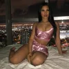 Kvinnor Spaghetti Strap Silk Lace V Nacke Nattkläder Set Bow Summer Femms Crop Tops Pajamas Set Lady Drawstring Sexy Sleepwear 2020