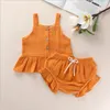 Girls Designer Roupas Kids Summer Candy Color Roupas Conjuntos Suspender Shorts Suits Ruffle Crop Tops PP Briefs Briefs Bloomers Roupas BC7576