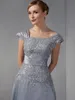 رمادي شيفون الدانتيل الأم لفساتين العروس A-line Cap Sleeves Beded Long Elegant Groom Fresses for Wedding Seviend Dress
