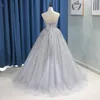 Glittery Gray Sequins Crystal prom dresses quinceanera A-line Strapless Lace-up Princess Two Layers Overskirt Tulle Sweet 15 Dress Pageant