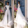 Moda Tulum Dantel Backless Gelinlik ile Ayrılabilir Tren Bateau Boyun Uzun Kollu Plaj Gelinlikler Boncuklu Vestido De Novia