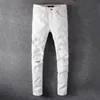 メンズホワイトクリスタルホールリッピングジーンズファッションスリムスキニーラインストーンストレッチデニムパンツホールパッチタイトスリムスキニージーンズ1212o