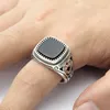 925 Sterling Silver Men Ring with Suqare Natural Black Stone Carved Design Thai Silver Ring for Women Men Turkish Jewelry287h