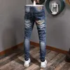 Outono buraco denim jeans masculino bordado marca de moda jeans estilo coreano vaqueros hombre magro lavado fino elástico fee247o