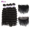 ALLOVE Brazylijski Indian Extensions Peruwiański Wodę Ludzkie Włosiane Wiązki Z Zamknięciem 13x4 Koronki Koronki Czołowe Luźne Głębokie Kinky Curly Dla Kobiet Jet Czarny Kolor 8-28 cali