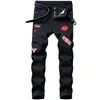 Jeans strappati da uomo firmati Jeans hip-hop slim fit Stretch Rose ricamati Moda uomo Pantaloni in denim blu nero