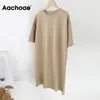 Aachoae Kvinnor Casual Loose Solid Bomull T-shirt Klänning O Neck Oversize Mini Dress Batwing Kortärmad Grundläggande Klänningar Vestidos