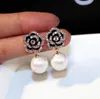 Fashion designer super sparkling beautiful diamond classic camellia flower elegant pearl pendant stud earring for woman girls9659006