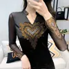 Frauen T-Shirt Damen Hemd 2021 Frühling Schlank V-ausschnitt Koreanische Mesh Shirts Mode Lange Hülse Frauen Top T Kleidung