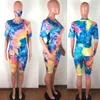 Women 3 piece Outfits sets with Face Mask Summer fashion clothes tie-dye t shirt Biker Shorts tracksuits clubwear sportswear casual clothing