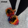 Summer Fluffy Raccoon Fur Slippers Shoes Women Real Fox Fur Flip Flop Flat Furry Fur Slides Outdoor Sandals Woman Amazing Shoes Y200624