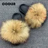 Summer Fluffy Raccoon Fur Slippers Shoes Women Real Fox Fur Flip Flop Flat Furry Fur Slides Outdoor Sandals Woman Amazing Shoes Y200624