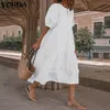 Hot Koop Zomer Vintage Sexy Lantaarn Mouw Halverwege De Kuit Jurk Vonda 2020 Vrouwen Zonnejurk Casual Boheemse Strand vestidos Plus Size 202