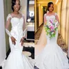 Luxury African Plus Size Mermaid Wedding Dresses Lace Illusion Long Sleeve Jewel Neck Appliques Beadings Court Train Wedding Bridal Gowns